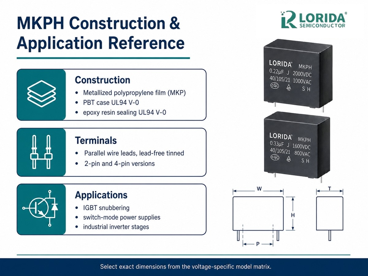 LORIDA MKPH IGBT snubber capacitor English construction and mounting reference