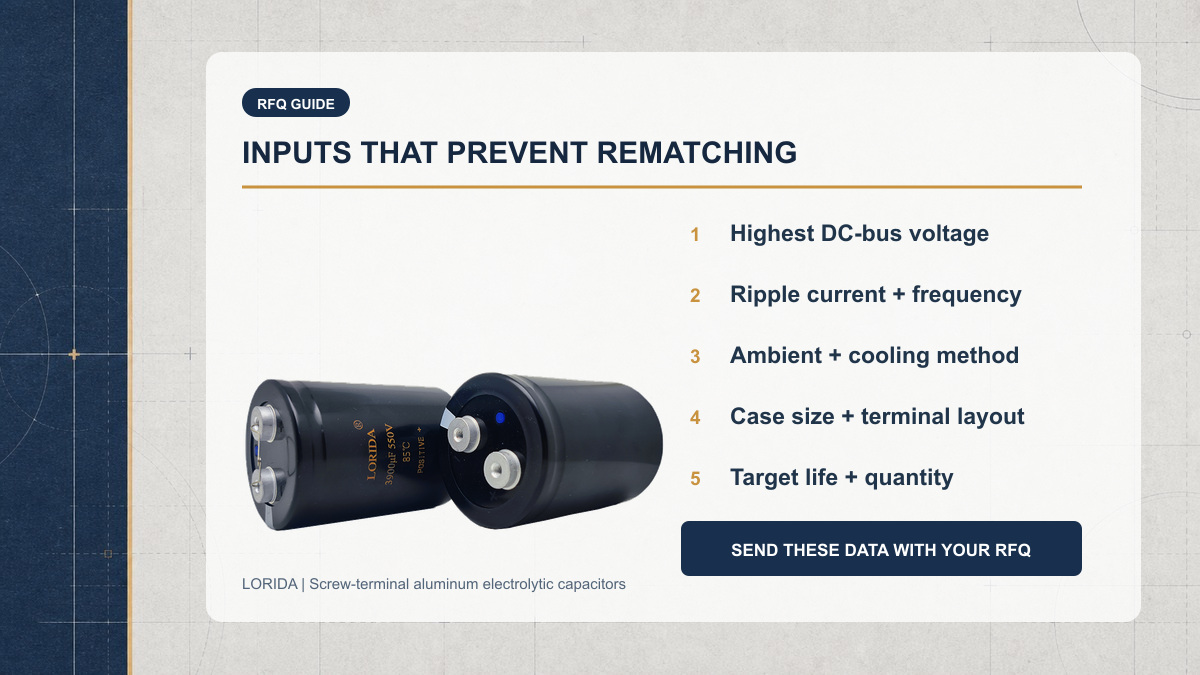RFQ checklist for VFD DC bus screw terminal capacitor selection