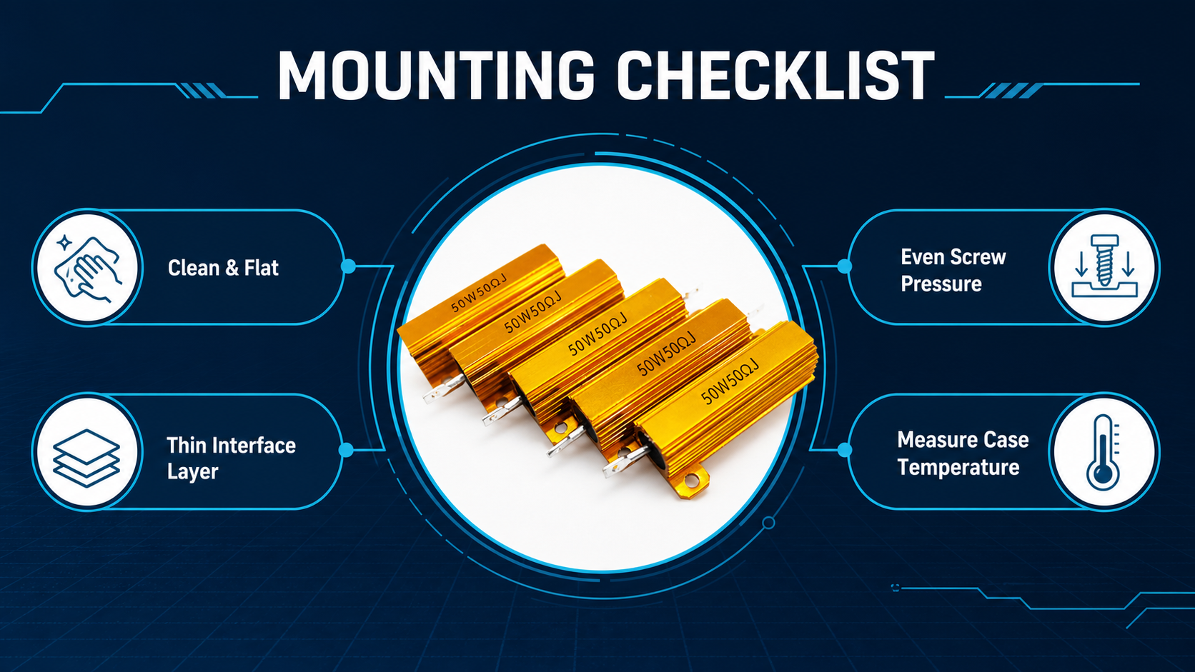 Four-step aluminum housed resistor mounting checklist for surface, interface, screw pressure and temperature measurement