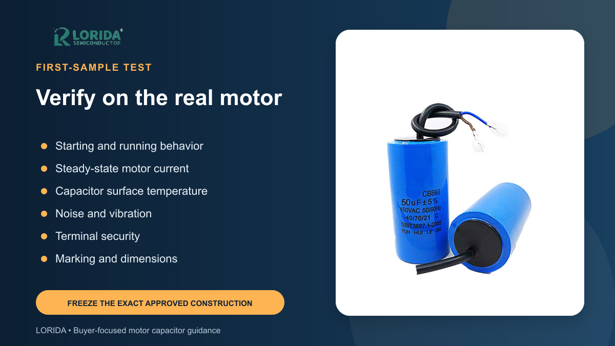First-sample validation checklist for a CBB60 motor run capacitor