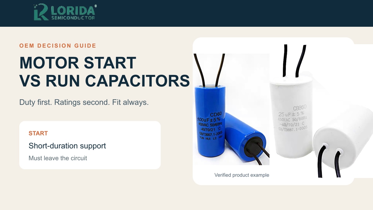 Motor start versus run capacitor duty comparison using verified product examples