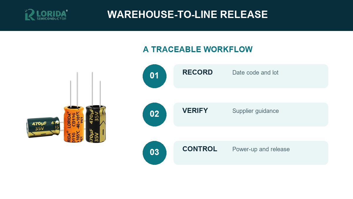 Three-step lot release workflow for stored aluminum electrolytic capacitors