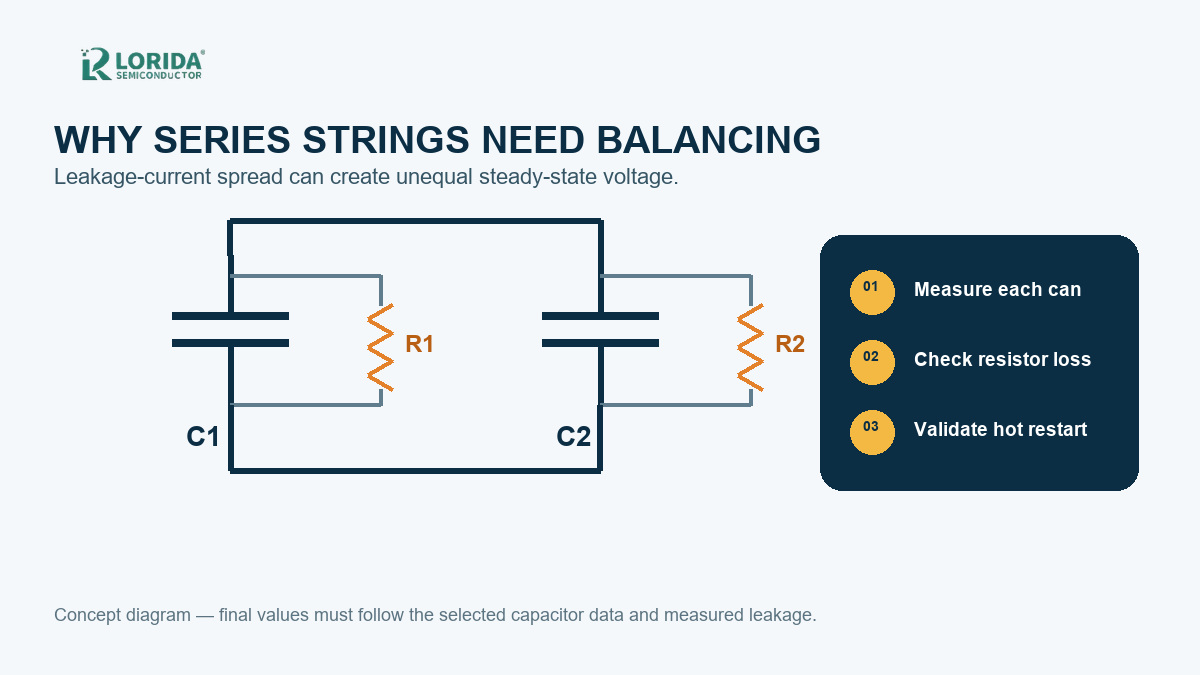 Balancing resistors connected across two series capacitors concept diagram