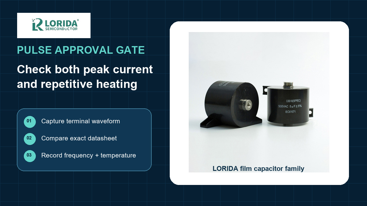 Film capacitor pulse approval gate for peak current and repetitive heating