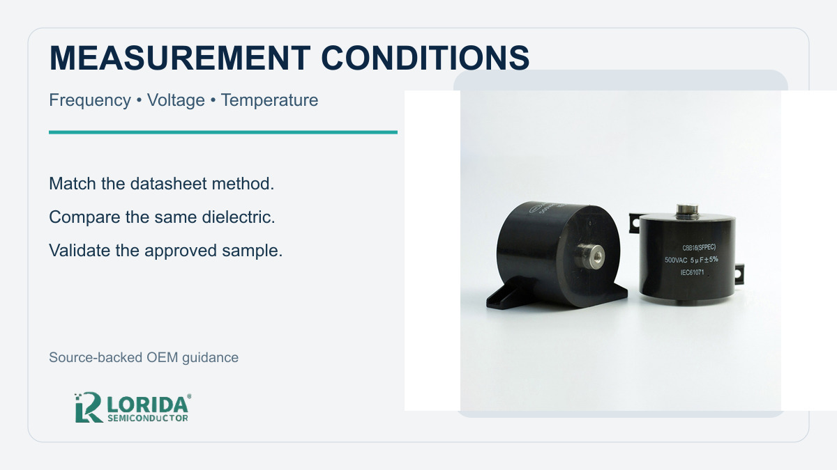 Film capacitor dissipation factor measurement conditions