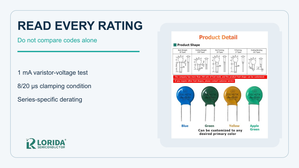 LORIDA MOV varistor ratings and lead forming evidence