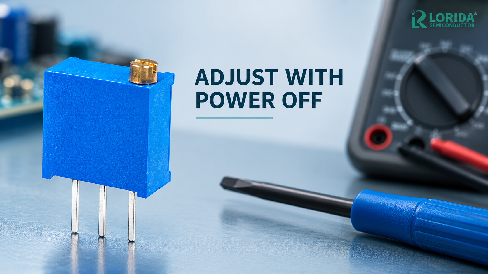 Power-off trimmer potentiometer adjustment with insulated tool and meter