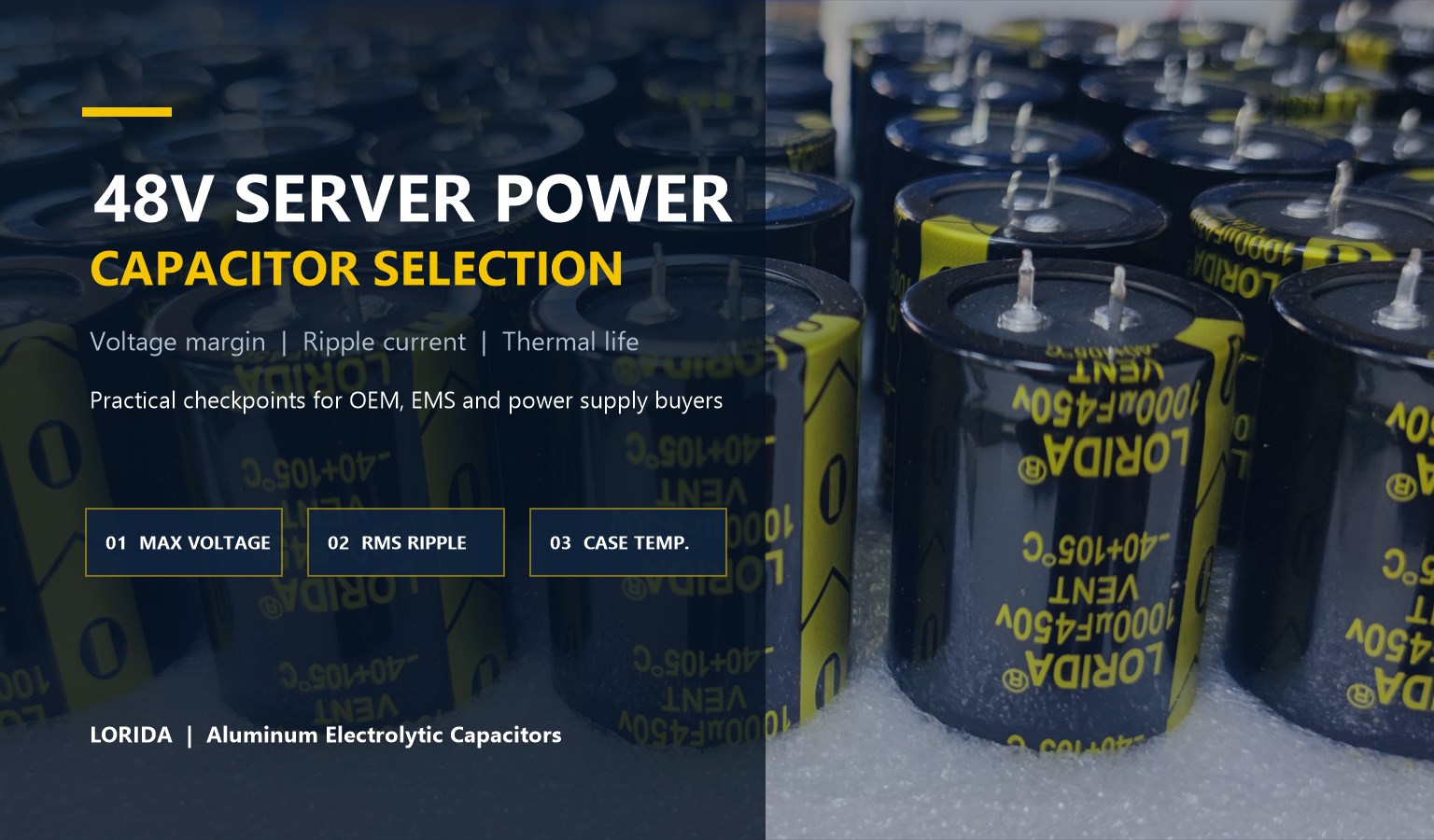 48V AI server power capacitor selection using real LORIDA snap-in aluminum electrolytic capacitors
