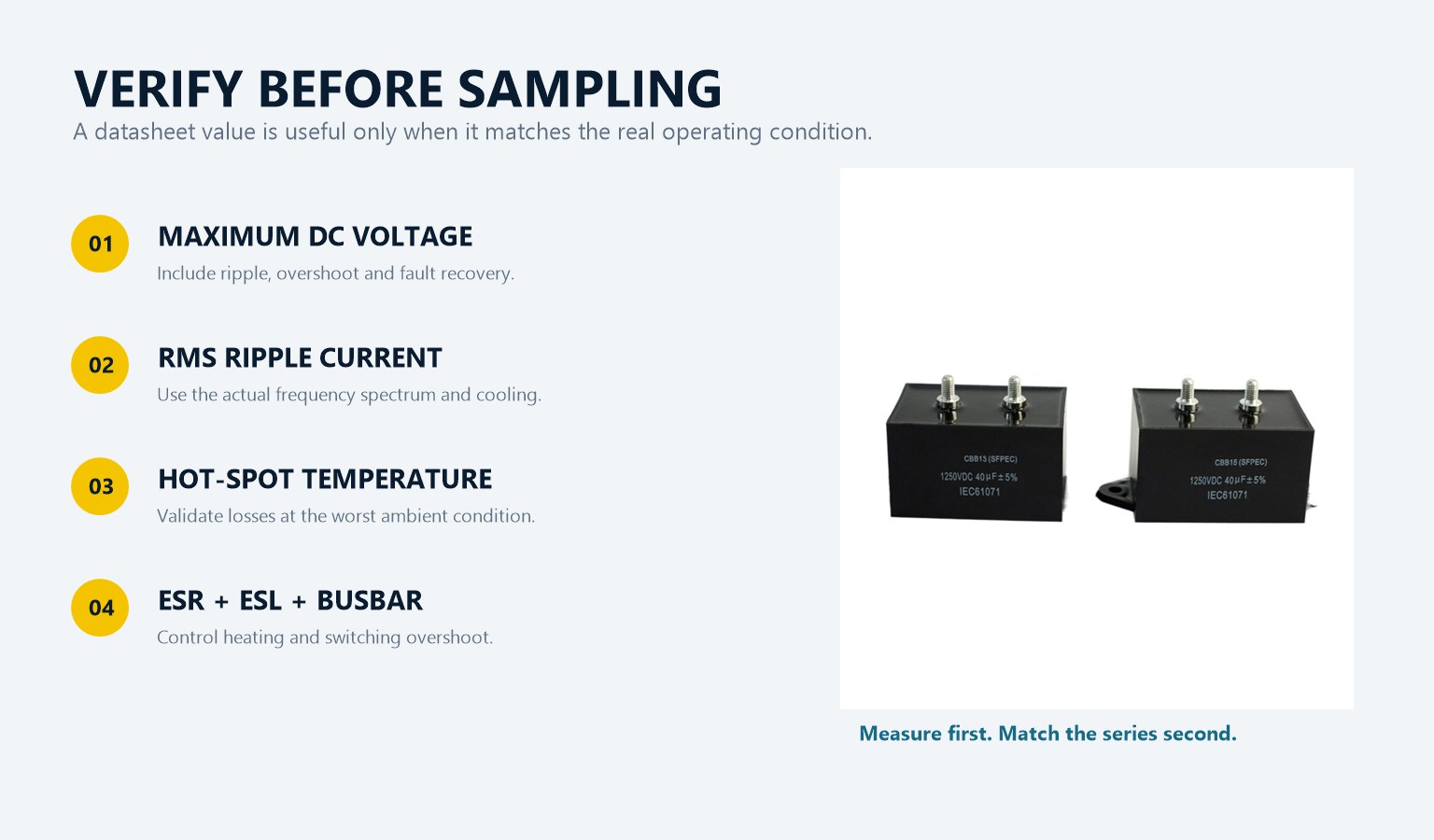 Four electrical checks for selecting DC-link film capacitors before sampling