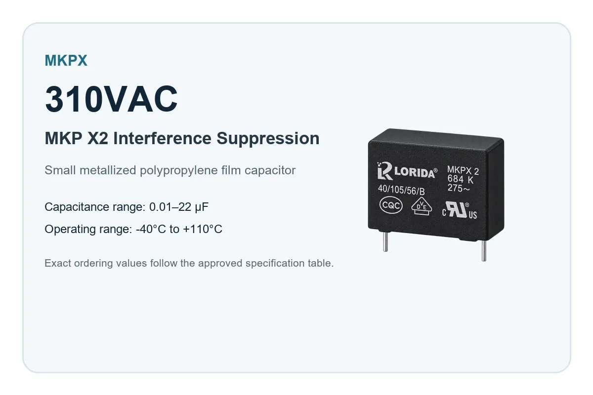 310VAC MKPX X2 Metallized Polypropylene Interference Suppression Capacitor rated-voltage overview
