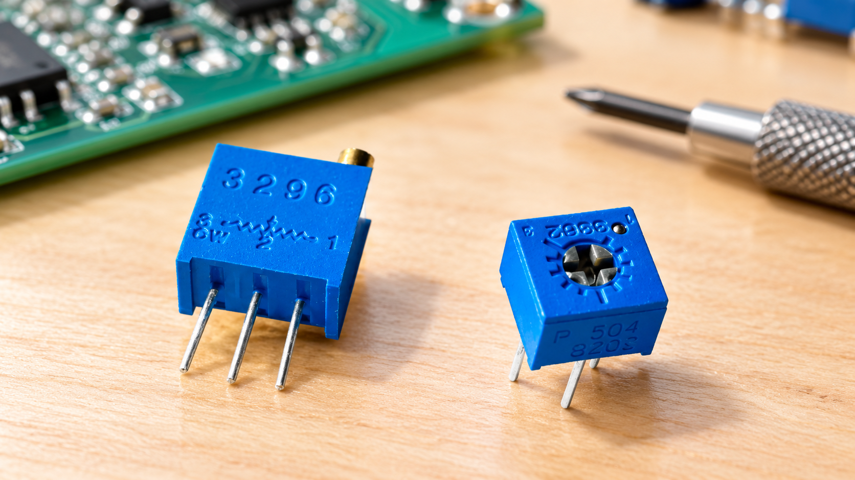 3296 multiturn and single-turn trimmer potentiometers on an engineering workbench